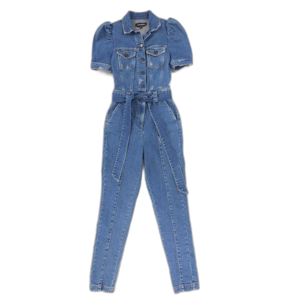 NEW Retrofete Tori Puff Sleeve Denim Jumpsuit Blue Preppy Western Coquette Boho